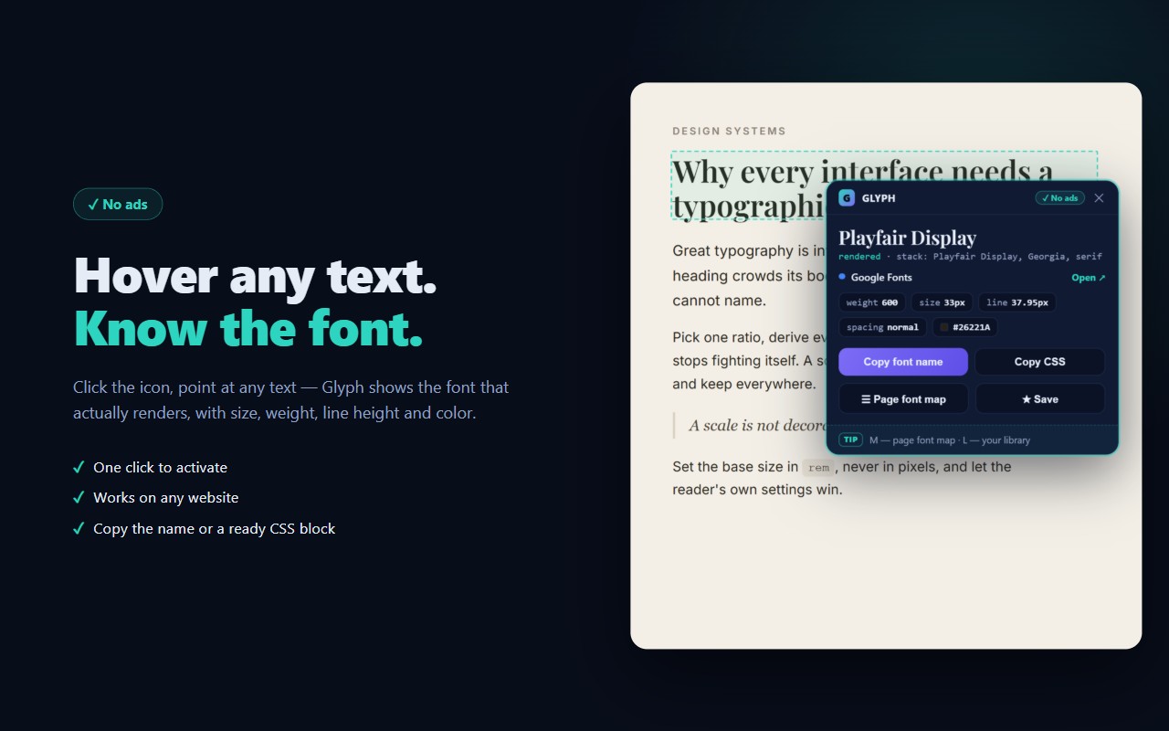 Glyph font identifier card showing font family, size, weight, line height and color of hovered text
