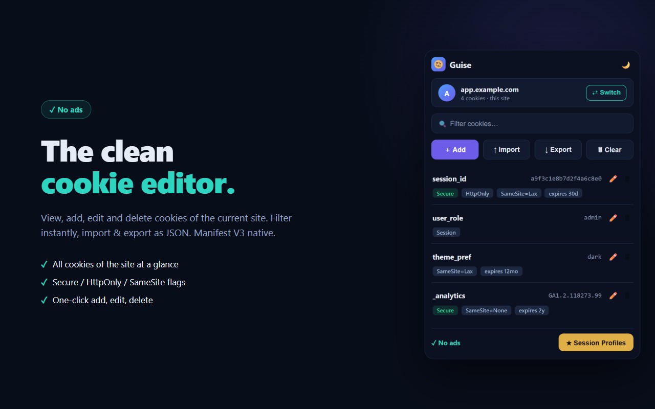 Guise popup showing the cookies of a site with flags, filter, add, import, export and clear controls