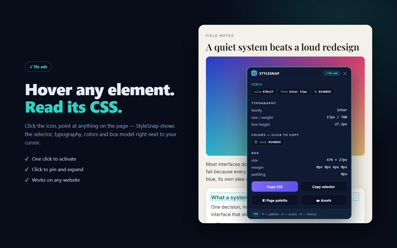 StyleSnap CSS inspector panel showing selector, typography, colors and box model of hovered element
